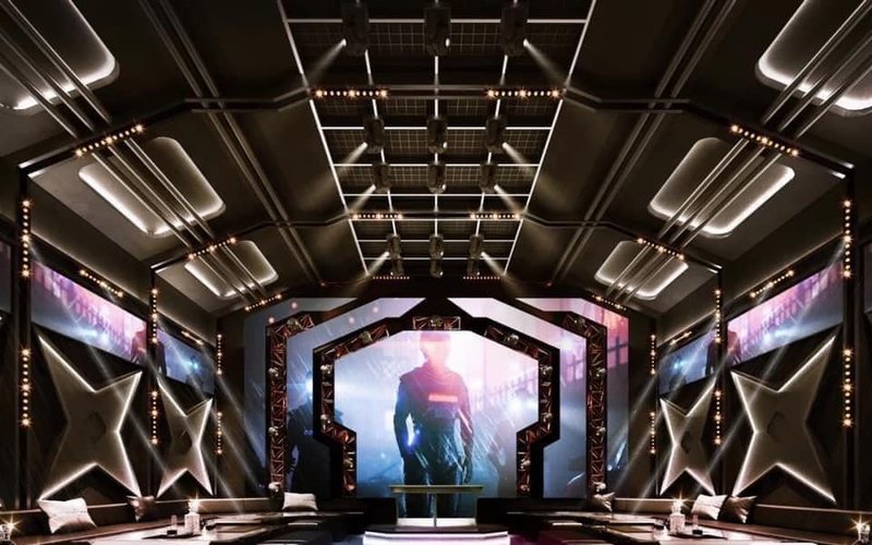 Thiết kế nội thất KTV karaoke đẹp sử dụng tone màu xanh đen công nghệ 