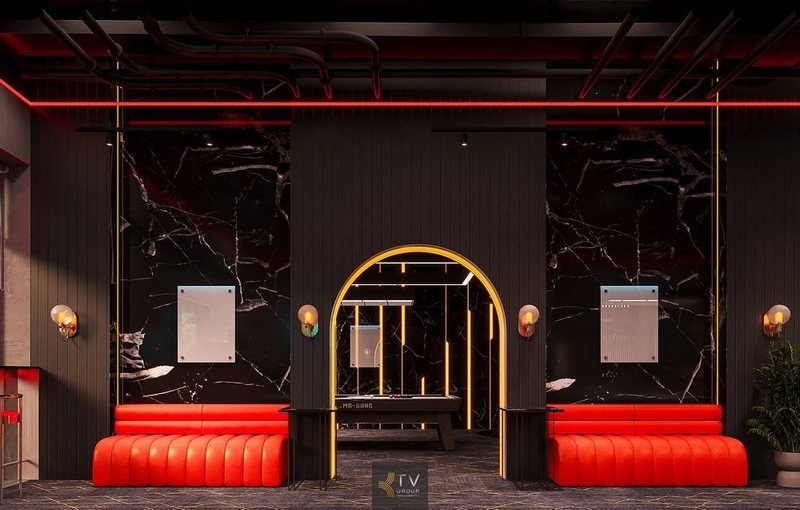 Lối vào khu thi đấu VIP – lầu 1 NARRA BILLIARDS, nổi bật với thiết kế vòm cung sang trọng, tường ốp đá đen vân mây và ghế sofa đỏ nổi bật, tạo điểm nhấn thị giác mạnh mẽ và đậm chất nightlife hiện đại.