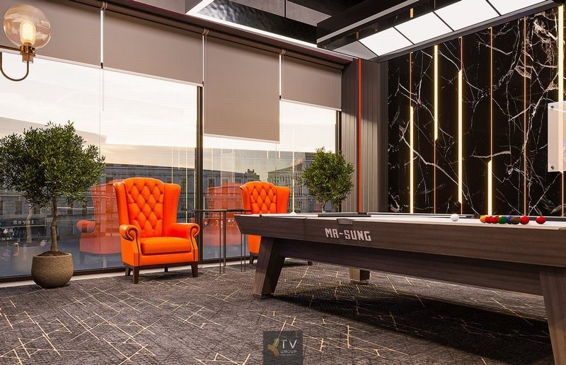 Khu vực VIP với góc nhìn panorama sang trọng, nội thất ghế cam nổi bật và bàn bida MA-SUNG cao cấp – mang lại trải nghiệm thư giãn và đẳng cấp riêng biệt cho khách hàng.