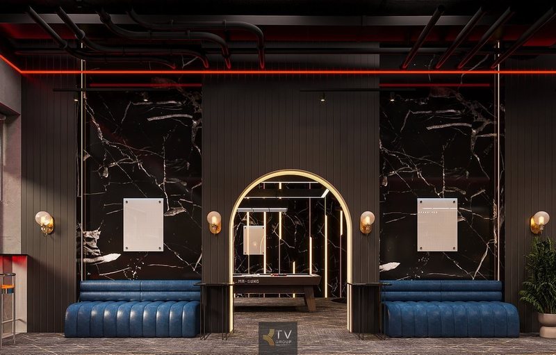 Lối vào phòng VIP nổi bật với thiết kế vòm cong sang trọng, tường ốp đá đen vân mây và đèn âm tường nghệ thuật – tạo điểm nhấn đẳng cấp cho không gian giải trí cao cấp.