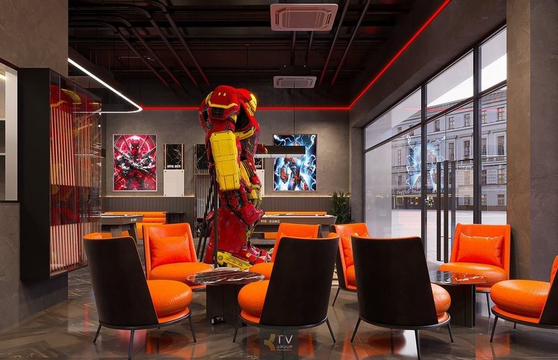Góc chill ấn tượng tại tầng trệt NARRA BILLIARD CLUB – Nổi bật với tượng Hulkbuster, ghế lounge cam – đen cá tính, tạo điểm check-in hút khách tại TP.HCM.