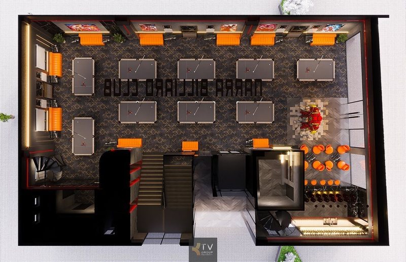 Bố trí không gian quán Bida (Câu lạc bộ Bida) mặt bằng 300–400m² một cách hiệu quả và khoa học – tối ưu từng khu vực chơi, nghỉ ngơi và trang trí ánh sáng hiện đại, tạo trải nghiệm thoải mái và chuyên nghiệp cho khách hàng. Một thiết kế đẳng cấp, thẩm mỹ và tối ưu công năng!