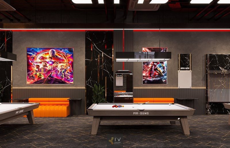 Câu lạc bộ Bida – Billiard Club trong thiết kế này mang phong cách hiện đại, mạnh mẽ với điểm nhấn là hệ thống ánh sáng cao cấp, bàn bida chuẩn thi đấu và không gian decor ấn tượng. Sự kết hợp hài hòa giữa công năng và thẩm mỹ tạo nên một địa điểm giải trí lý tưởng, chuyên nghiệp và đẳng cấp.