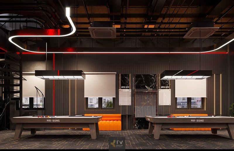 Góc thiết kế chỉn chu của Câu lạc bộ Bida – Billiard Club với đường nét ánh sáng LED độc đáo, bàn chơi chuyên nghiệp MA-SUNG, ghế chờ bọc da cao cấp và hệ thống bảng điểm tiện lợi. Tất cả tạo nên một không gian hiện đại, đẳng cấp và đầy cảm hứng cho người chơi.