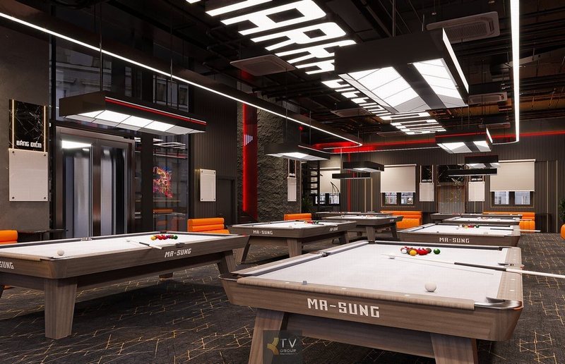 Câu lạc bộ Bida – Billiard Club trong thiết kế này nổi bật với không gian rộng rãi, bố trí bàn MA-SUNG tiêu chuẩn quốc tế, hệ thống đèn LED trần đầy sáng tạo cùng tone màu mạnh mẽ, hiện đại. Một không gian lý tưởng để giải trí, thi đấu và thư giãn đẳng cấp!