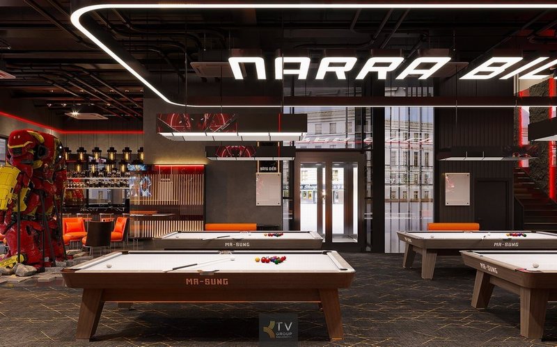 Câu lạc bộ Bida – Billiard Club trong thiết kế này gây ấn tượng mạnh với phong cách hiện đại, bảng hiệu LED nổi bật, không gian bố trí khoa học kết hợp quầy bar sang trọng và mô hình trang trí đậm chất điện ảnh. Một địa điểm giải trí đẳng cấp – nơi hội tụ của đam mê và phong cách!