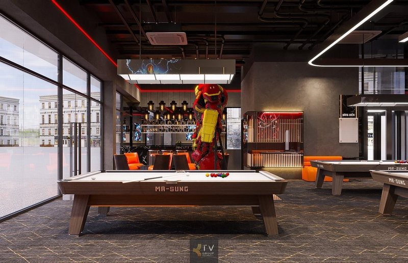Không gian thiết kế độc đáo kết hợp giữa bida giải trí, bar lounge năng động và decor robot ấn tượng. Ánh sáng LED đỏ đậm chất nightlife cùng chất liệu nội thất cao cấp mang lại trải nghiệm giải trí đỉnh cao cho giới trẻ thành thị.