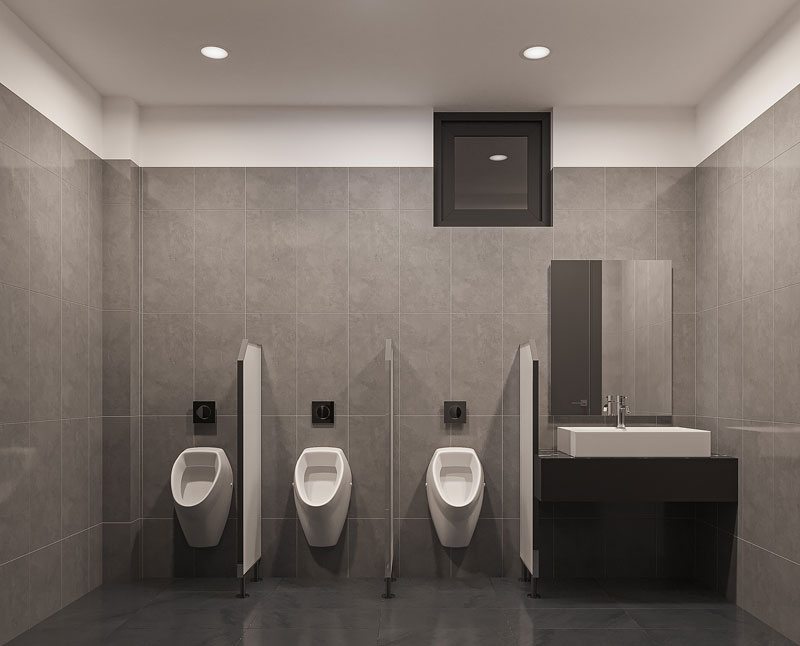 Thiết kế nhà vệ sinh hiện đại, sạch sẽ với gam màu xám trung tính, trang bị đầy đủ thiết bị vệ sinh cao cấp và đảm bảo sự riêng tư – góp phần nâng tầm trải nghiệm dịch vụ tại club.