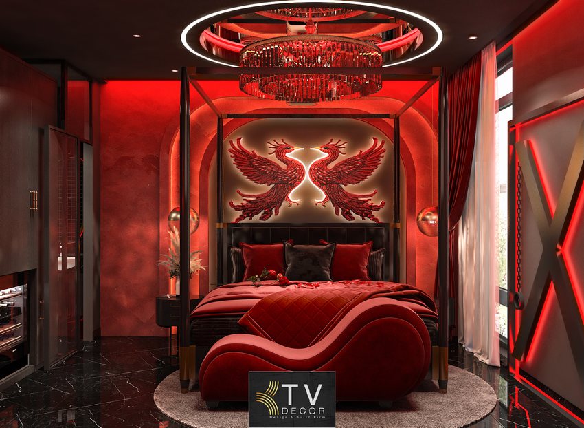 Thiết kế phòng khách sạn tình yêu sang trọng phong cách hiện đại, tone đỏ quyến rũ – KTV DECOR 1