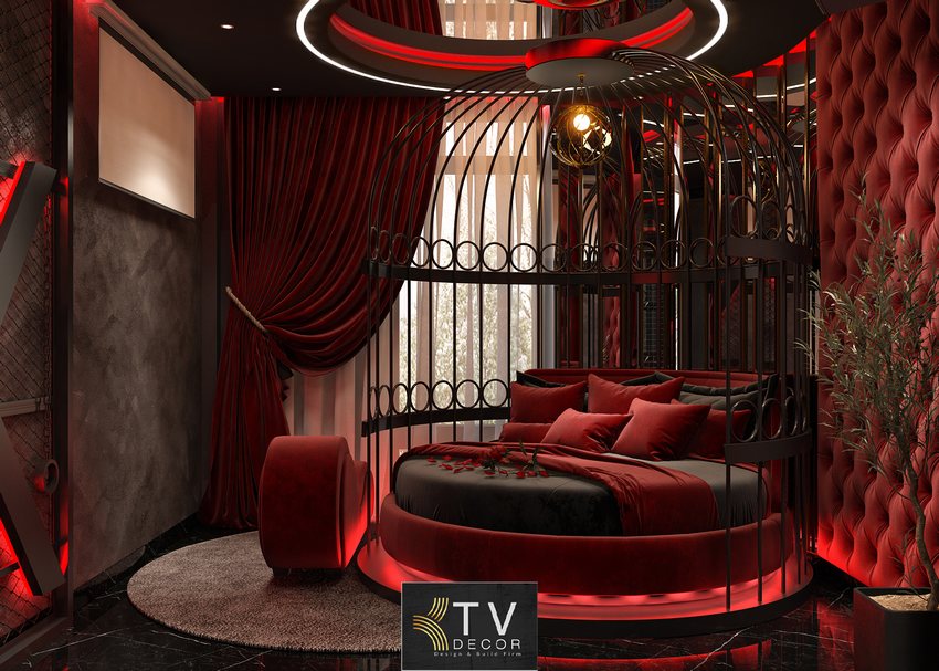 Thiết kế phòng khách sạn tình yêu Love Hotel sang trọng với giường tròn khung lồng độc đáo Nội thất phòng khách sạn tình yêu đẳng cấp với tông đỏ – đen huyền bí