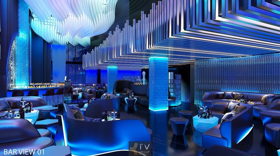 Thiết kế Lounge Bar Futuristic Luxury với trần LED nghệ thuật và ánh sáng xanh hiện đại
