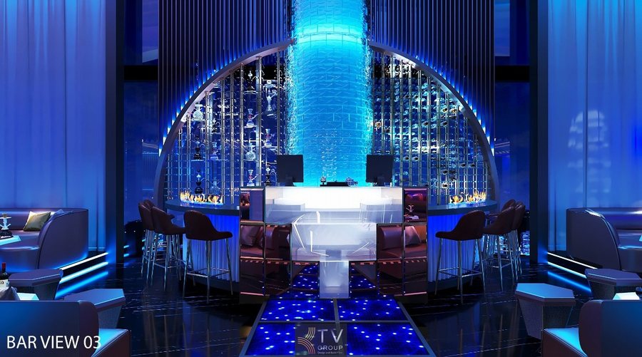 Thiết kế Bar Club hiện đại với hệ trần tuyến tính LED nổi bật
