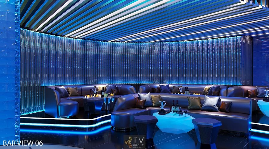 Khu VIP Lounge Bar với sofa cong sang trọng và ánh sáng nghệ thuật