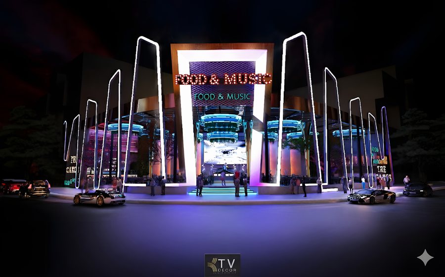 Thiết kế thi công Beer Food Garden mặt tiền hiện đại nổi bật với hệ thống LED nghệ thuật và cổng vào sang trọng.