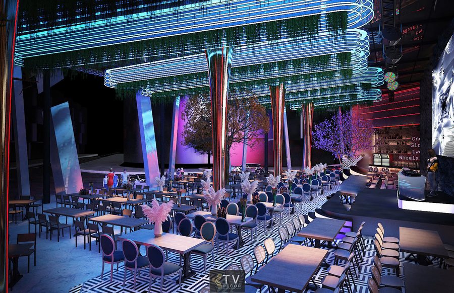 Beer Food Garden hiện đại sử dụng trần LED nghệ thuật kết hợp cây xanh tạo không gian mở.