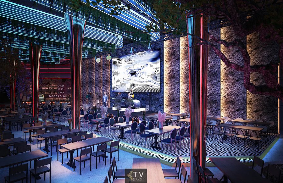 Thi công Beer Garden cao cấp với sân khấu trung tâm và màn hình LED kích thước lớn.