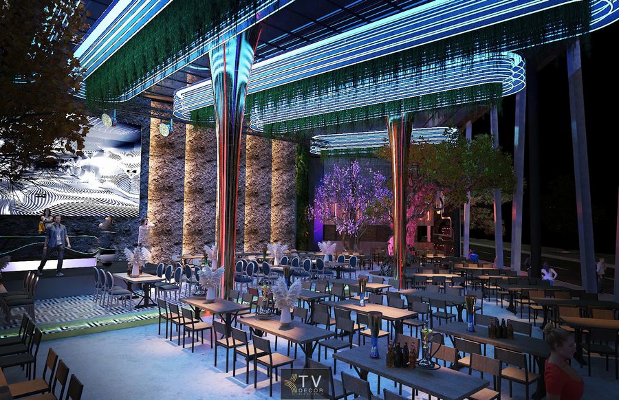 Alt 7 Beer Garden phong cách nightlife hiện đại với ánh sáng đổi màu và nội thất cao cấp.