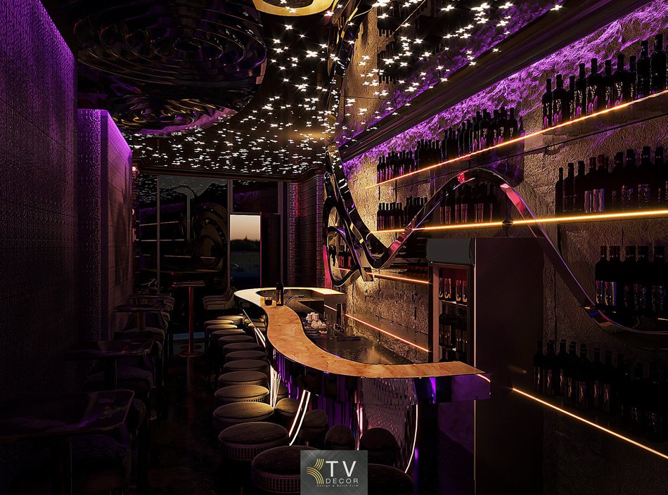 Thiết kế Lounge Mini sử dụng trần phản chiếu cùng hệ đèn sao nghệ thuật nổi bật. 