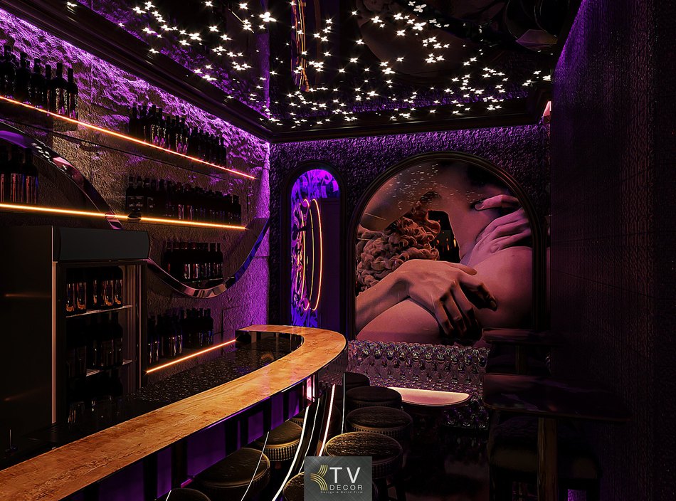 Thi công quầy bar Lounge hiện đại với vật liệu inox gương và hệ LED cao cấp. 