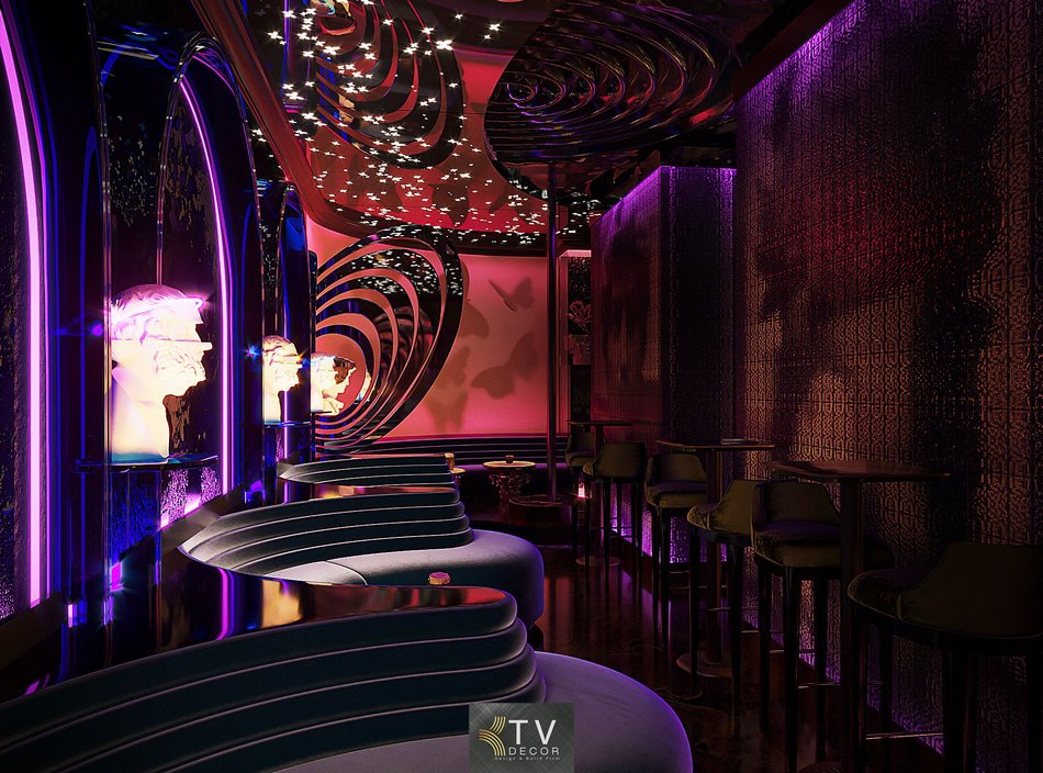 Không gian Lounge nhỏ sử dụng ánh sáng tím kết hợp trần LED nghệ thuật sang trọng. 