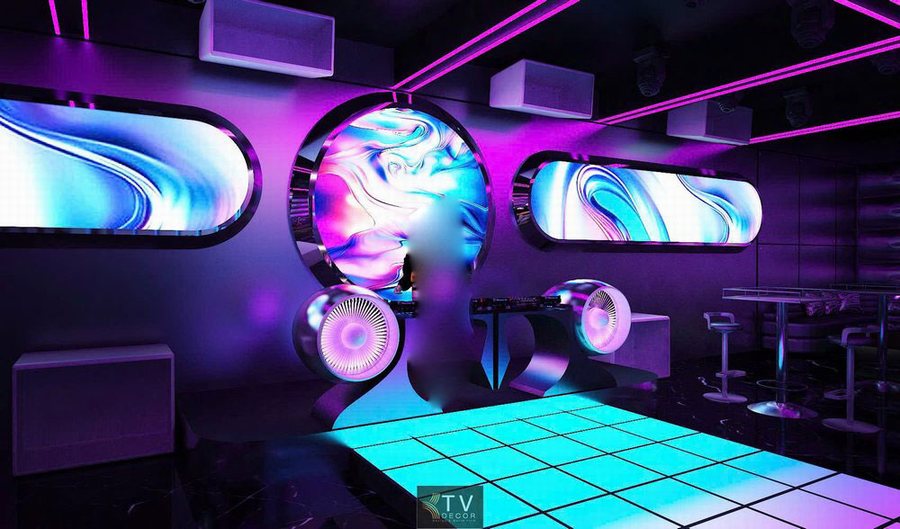 Thiết kế Bar Club Cyber Neon với sân khấu LED trung tâm hiện đại. 