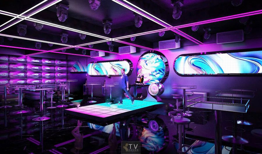 Thiết kế Lounge Bar Cyber Neon với ánh sáng tím xanh nổi bật. 