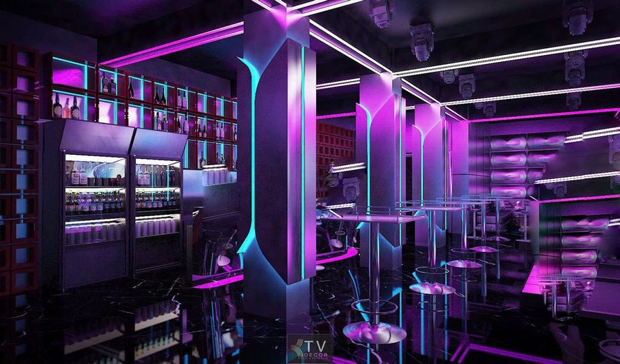 Sân khấu DJ Bar Club hiện đại kết hợp màn hình LED nghệ thuật. 