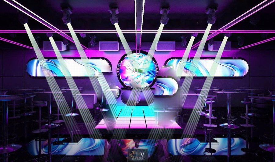 Thiết kế quầy DJ kết hợp màn hình LED và hiệu ứng ánh sáng. 