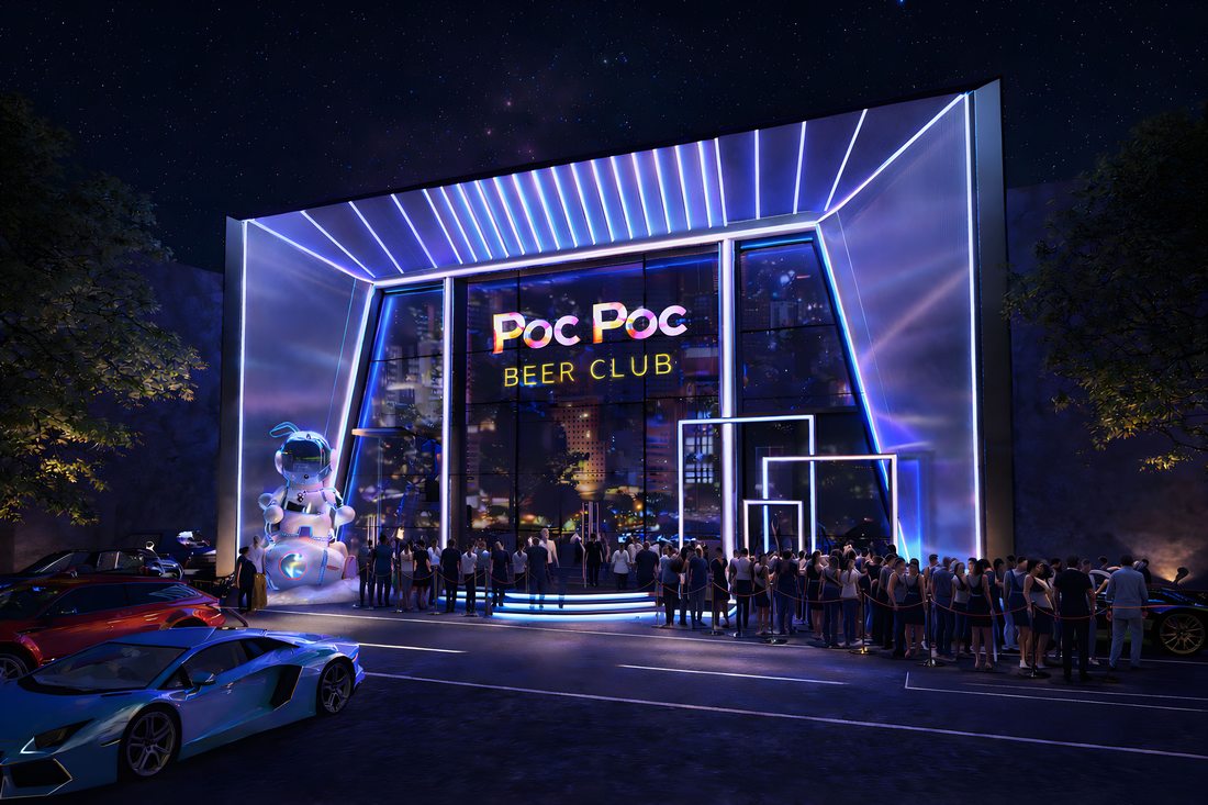 Thiết kế Beer Club hiện đại với mặt tiền kính LED phong cách Space Futuristic. 