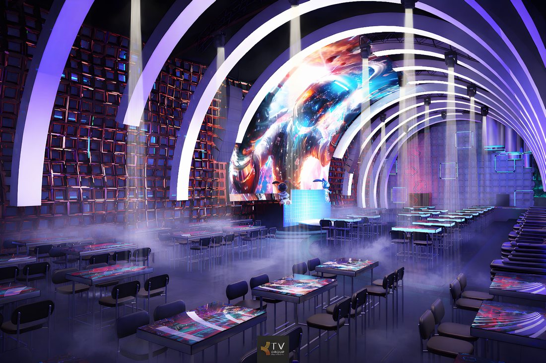 Thiết kế Beer Club phong cách tương lai với hệ vòm cong ánh sáng nổi bật. 