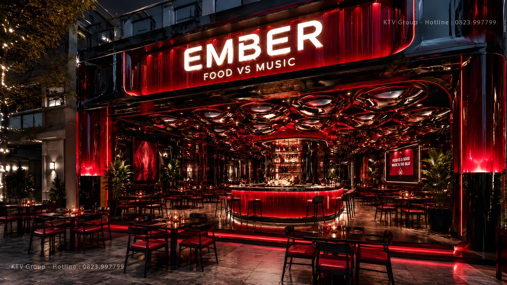 Thiết kế thi công Beer Club Food Music chuyên nghiệp với quầy bar trung tâm và không gian giải trí hiện đại. 1