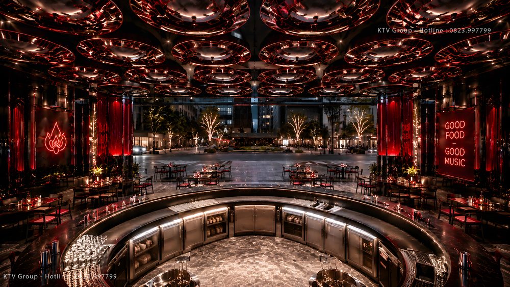 Thiết kế nội thất Beer Club chuyên nghiệp với quầy bar đảo, bàn ghế sang trọng và bố cục tối ưu công năng kinh doanh. 