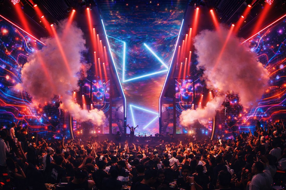 Không gian Bar Club sang trọng với sân khấu DJ, màn hình LED và nội thất đẳng cấp KTV DECOR tư vấn thiết kế thi công Bar Club trọn gói theo xu hướng nightlife hiện đại