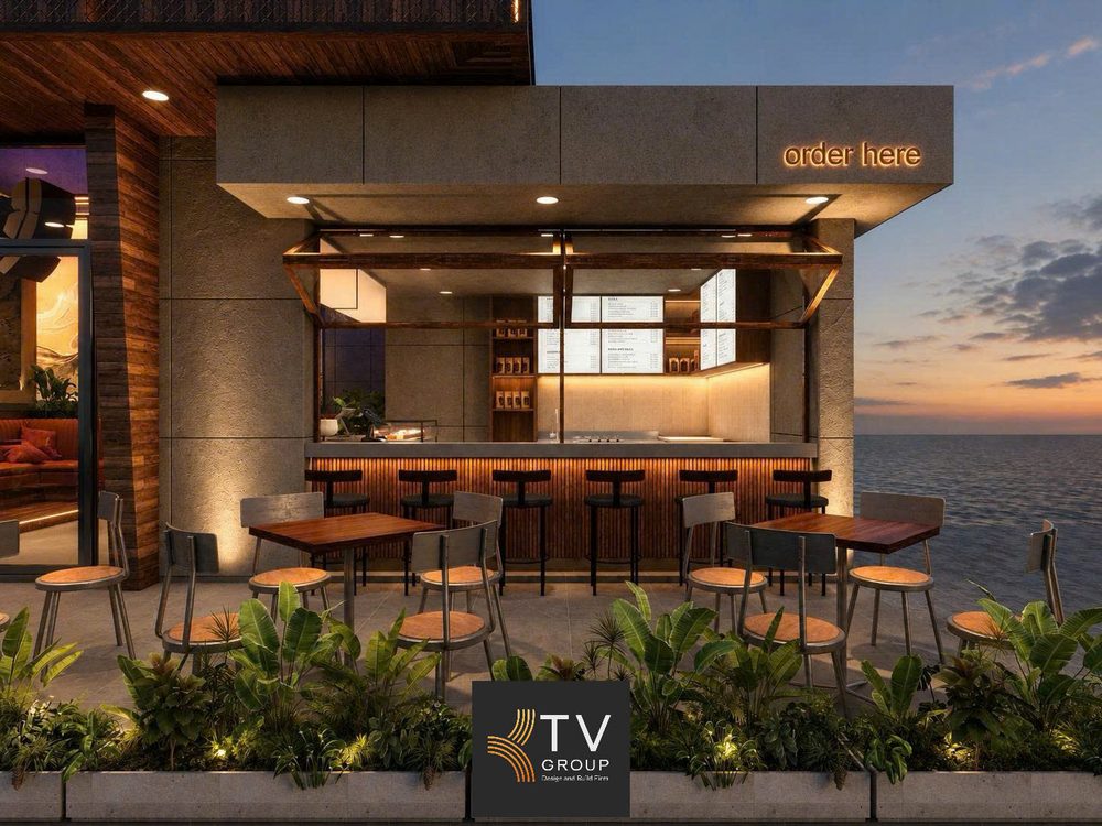 Không gian DJ Lounge Coffee sử dụng vật liệu gỗ, đá và ánh sáng tạo điểm nhấn kiến trúc Thiết Kế Cafe Lounge kết hợp DJ mang phong cách hiện đại, tinh tế và thu hút giới trẻ