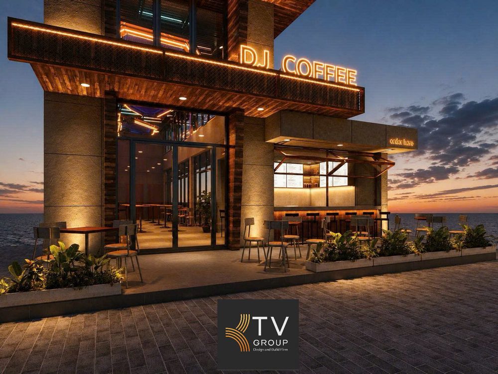 Mặt tiền Thiết Kế DJ Lounge Coffee nổi bật với hệ đèn LED và kiến trúc sang trọng