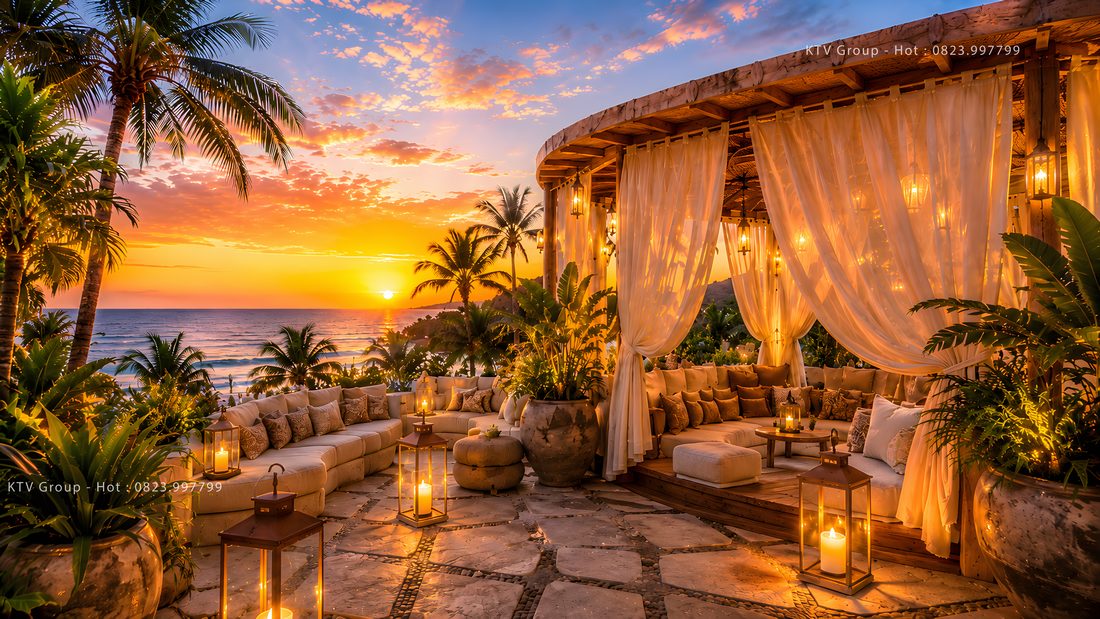 Mẫu thiết kế Beach Club hiện đại kết hợp hồ bơi, quầy bar ngoài trời và cảnh quan biển đẹp 