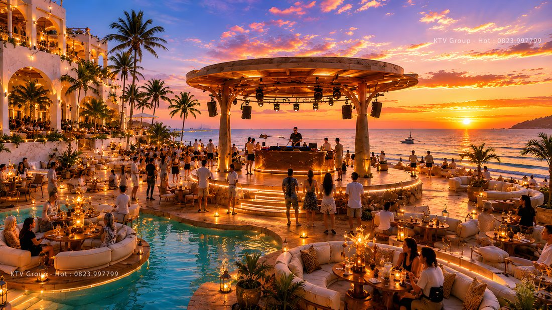 Không gian Club bãi biển sang trọng với nội thất mở, khu vực thư giãn và ngắm hoàng hôn Thiết kế Beach Club nghỉ dưỡng kết hợp Lounge, hồ bơi và quầy bar hiện đại thu hút du khách 