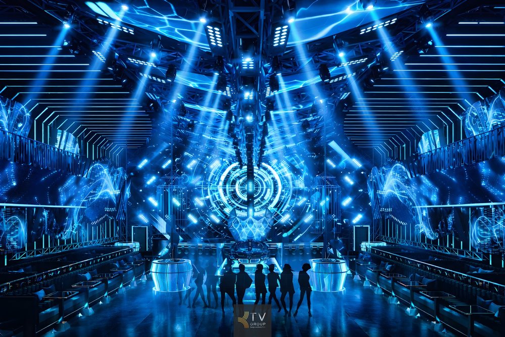 Mẫu thiết kế Bar Club phong cách công nghệ tương lai nổi bật với hệ thống ánh sáng LED xanh. 