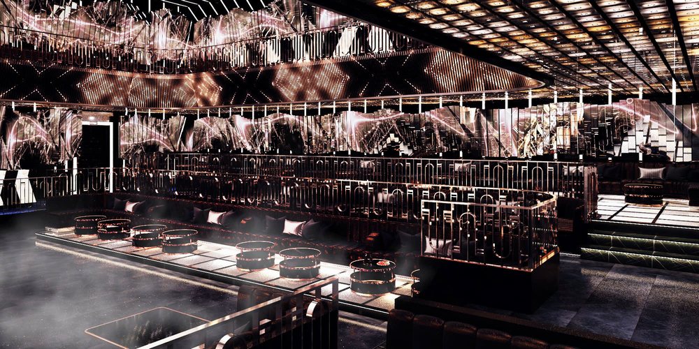 Mẫu Bar Club Cyber Future với hệ thống trần LED và không gian giải trí công nghệ cao. 