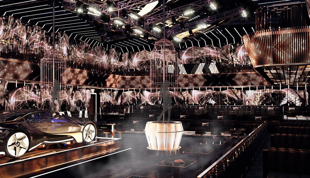 Thiết kế Bar Club hiện đại với bố cục đối xứng và sân khấu biểu diễn quy mô lớn. Không gian Bar Club phong cách Futuristic nổi bật với gam màu xanh Electric Blue. 