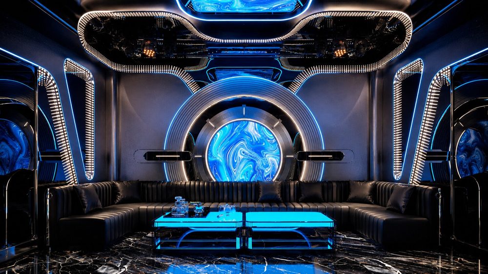 Thiết kế phòng karaoke hiện đại kết hợp ánh sáng xanh và hình khối Futuristic Không gian KTV cao cấp phong cách công nghệ với ánh sáng LED xanh