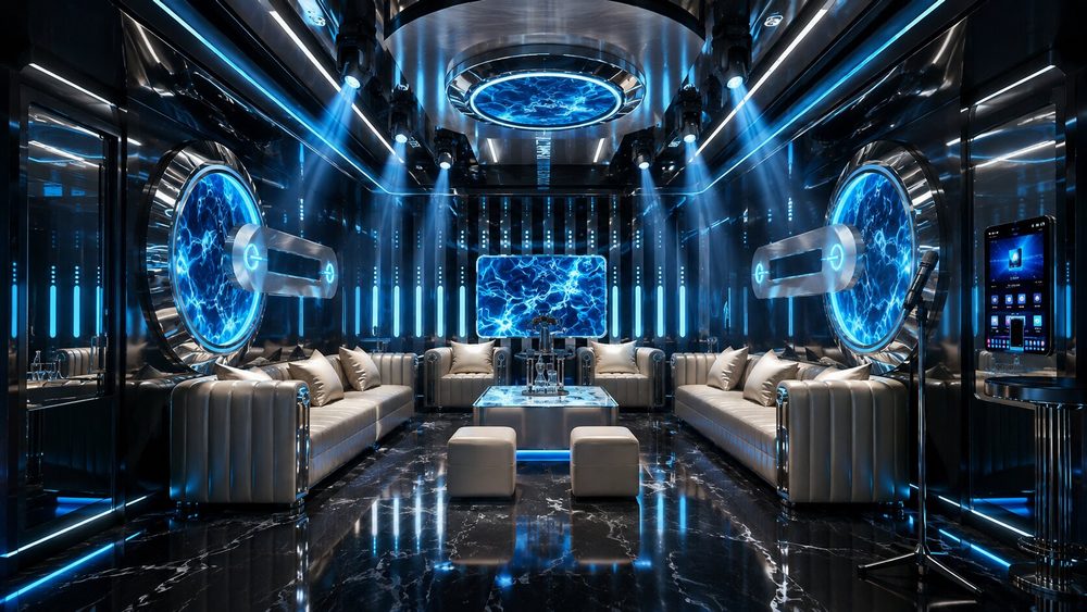 Thiết kế Karaoke VIP với nội thất ánh kim và hệ thống chiếu sáng hiện đại Không gian Karaoke Futuristic Luxury đẳng cấp với LED Visual tại TP.HCM 