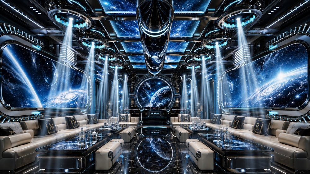 Không gian Karaoke công nghệ cao với trần LED hình tròn và hiệu ứng Galaxy Thiết kế phòng Karaoke Futuristic sử dụng vật liệu chrome và LED Visual Mẫu thiết kế Karaoke không gian vũ trụ Luxury tạo trải nghiệm giải trí khác biệt 
