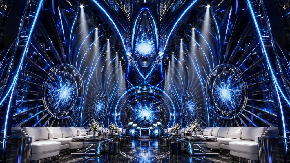 Phòng Karaoke công nghệ cao kết hợp trần LED và kiến trúc đường cong Thiết kế Karaoke Luxury với sàn đá đen bóng và hệ thống ánh sáng nghệ thuật Không gian Karaoke Futuristic Luxury đẳng cấp với LED xanh và nội thất VIP