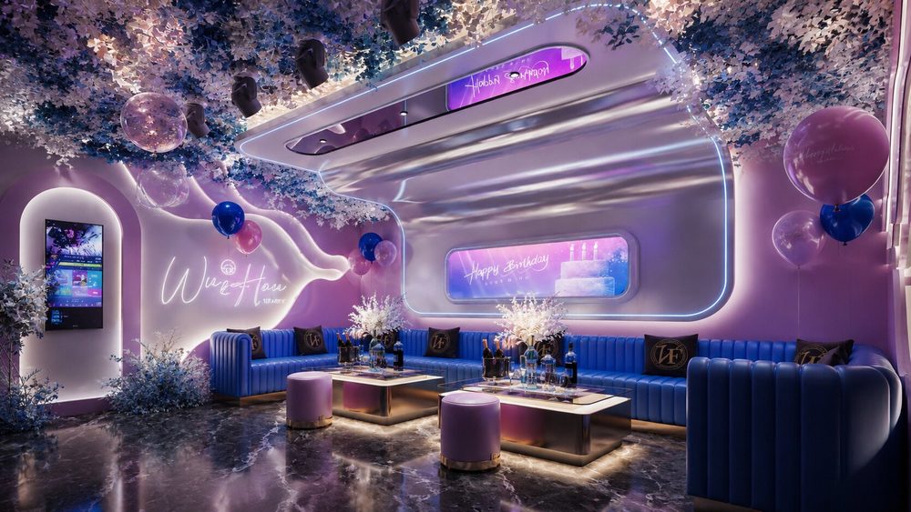 Không gian karaoke birthday party sang trọng sử dụng tông tím pastel hiện đại dành cho khách hàng trẻ Mẫu phòng karaoke VIP tổ chức sinh nhật đẹp với sofa cao cấp và trang trí ánh sáng nghệ thuật