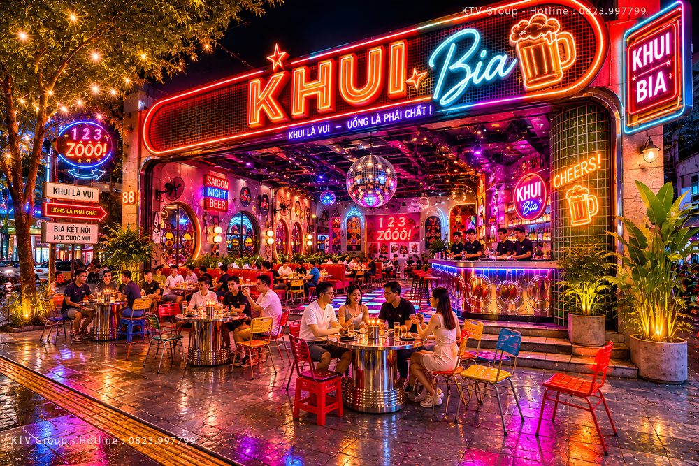 Thi công Beer Garden phong cách Industrial Retro kết hợp đèn neon và quầy bar trung tâm.