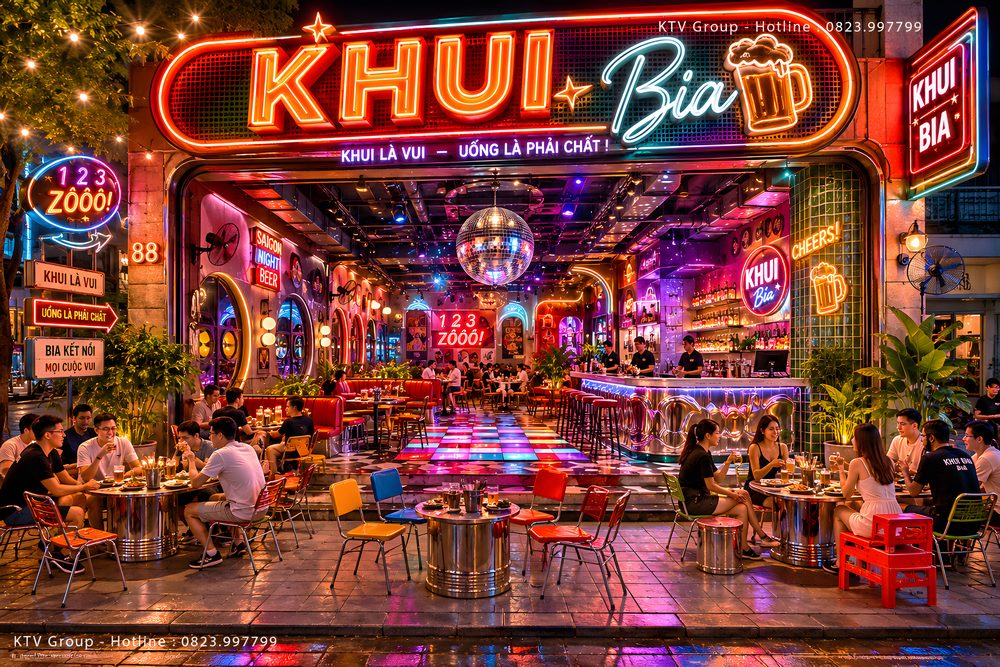 Không gian Beer Club hiện đại với sofa da đỏ và hệ thống ánh sáng LED nghệ thuật.