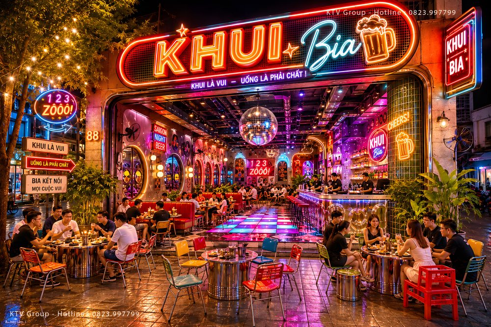 Quầy bar Beer Garden hiện đại tối ưu phục vụ và tạo điểm nhấn kiến trúc. Thi công Beer Club Food Music với khu vực trong nhà và ngoài trời kết nối liền mạch.