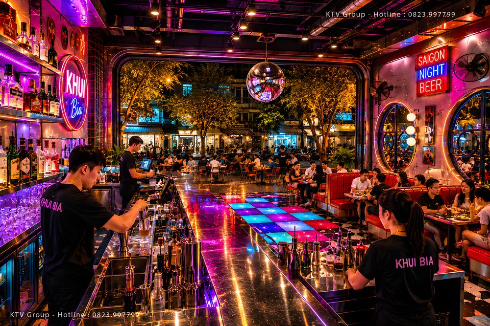 Thiết kế Beer Garden đẹp sử dụng phong cách Industrial Retro kết hợp ánh sáng neon. Nội thất Beer Club hiện đại với quầy pha chế, ghế bar và không gian check-in ấn tượng. Mẫu thiết kế Beer Garden Food Music thu hút khách hàng bằng ánh sáng và bố cục mở. Dự án thi công Beer Club Beer Garden hiện đại tối ưu trải nghiệm giải trí và kinh doanh.