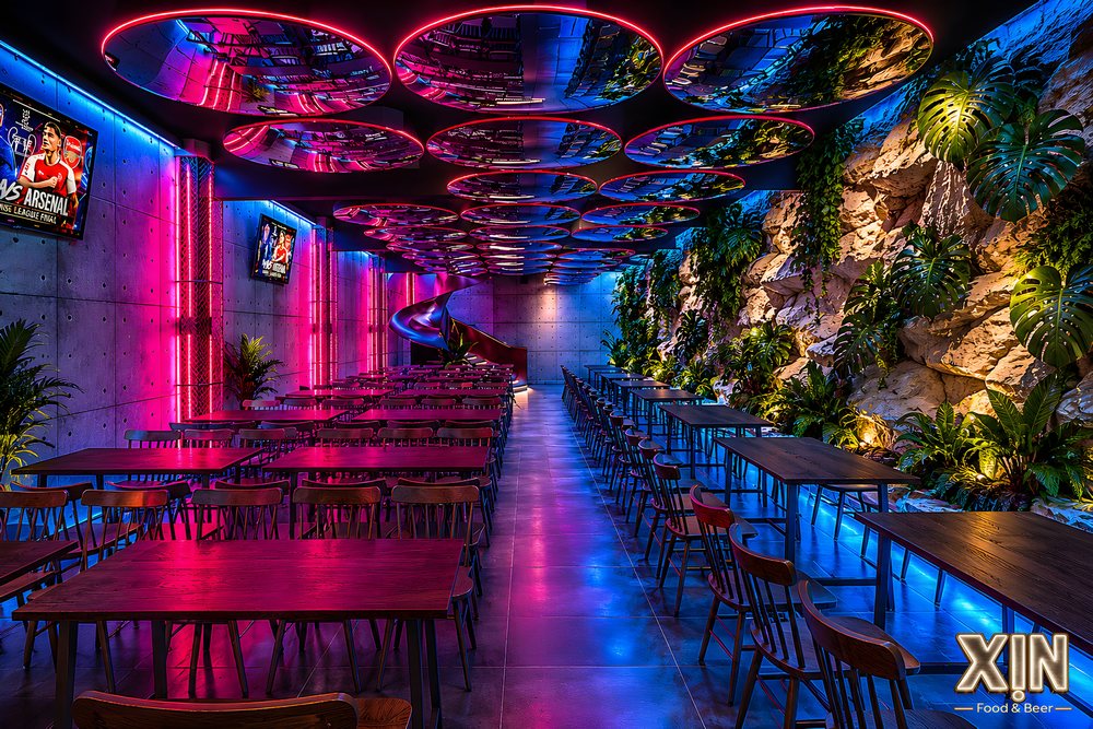 Khu vực phục vụ Beer Garden Food Music hiện đại tối ưu trải nghiệm ăn uống và giải trí. 
